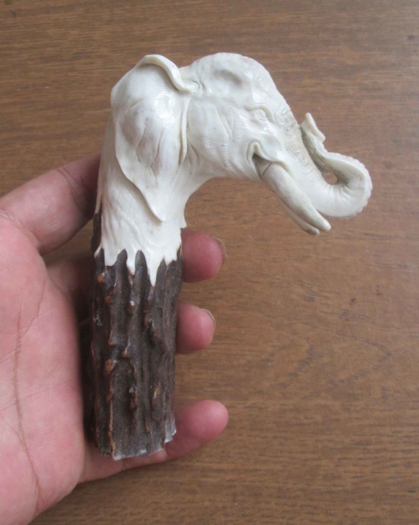Elephant Head Walking Handle Stick Carving in Antler (back image)