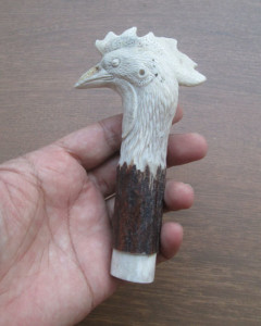 Cock Head Walking Cane Bone Handle Carving