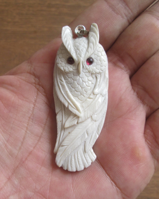 Owl Carved Bone Pendant with Garnet Stone for Wholesale