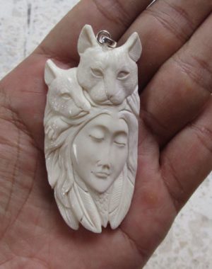 Goddess Cats Carved Bone Pendant