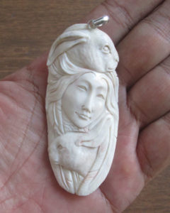 Goddess Rabbits Carved Bone Pendant