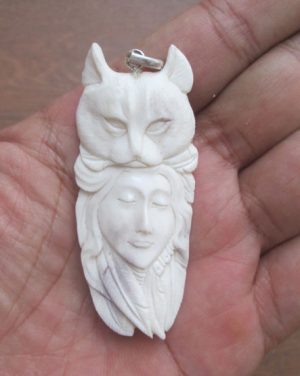 Goddess Cat Carved Bone Pendant