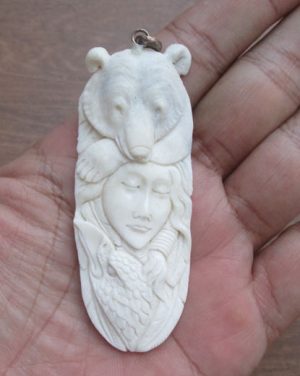 Goddess Bear Raven Carved Bone Pendant