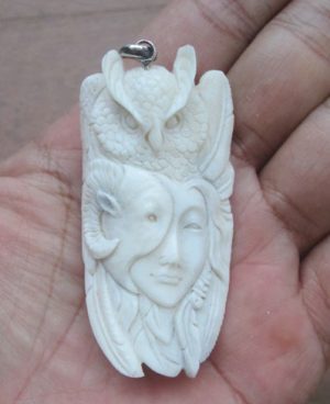 Goat Mask Goddess Owl Carved Bone Pendant