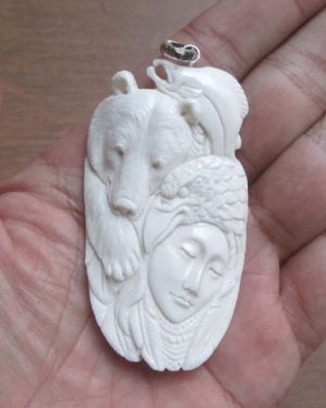 Goddess Bear Salmon Raven Carved Bone Pendant