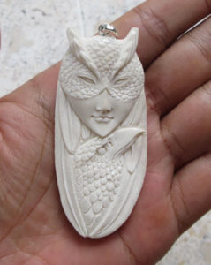 Owl Mask Goddess Raven Carved Bone Pendant