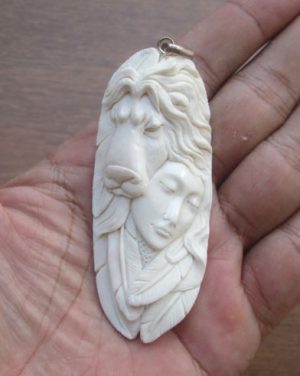 Goddess Lion Carved Bone Pendant