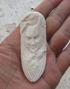 Wolf Mask Goddess Ravens Carved Bone Pendant