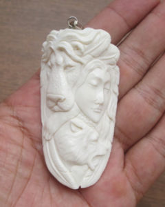 Goddess Lion Wolf Carved Bone Pendant