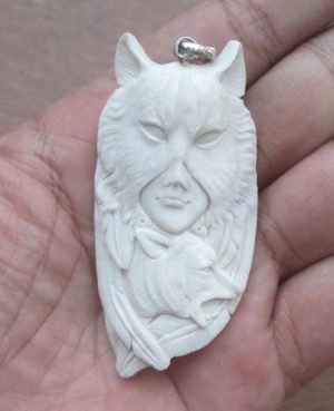 Wolf Mask Goddess Wolf Carved Bone Pendant