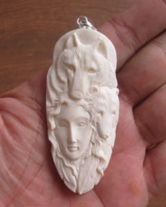 Goddess Wolf Bear Carved Bone Pendant