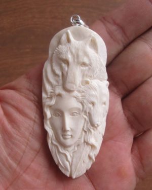 Goddess Wolf Bear Carved Bone Pendant