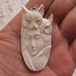 Goddess Cat Owl Raven Carved Bone Pendant