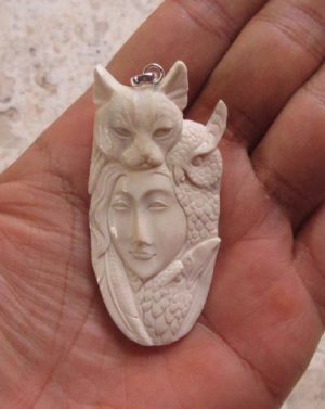 Goddess Cat Owl Raven Carved Bone Pendant