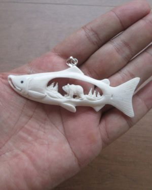 Bear Inside Salmon Carved Bone Pendant